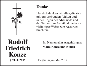Traueranzeige von Rudolf Friedrich Konze von  Kreisanzeiger
