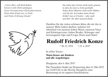 Traueranzeige von Rudolf Friedrich Konze von  Kreisanzeiger