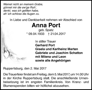 Traueranzeige von Anna Port von  Gießener Anzeiger