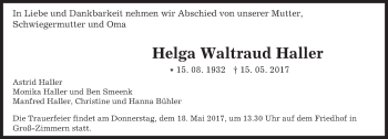 Traueranzeige von Helga Waltraud Haller von Trauerportal Echo Online