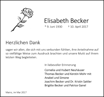 Traueranzeige von Elisabeth Becker von Trauerportal Rhein Main Presse