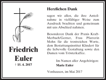 Traueranzeige von Friedrich Euler von  Kreisanzeiger