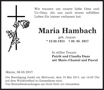 Traueranzeige von Maria Hambach von Trauerportal Rhein Main Presse