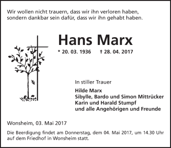 Traueranzeige von Hans Marx von Trauerportal Rhein Main Presse