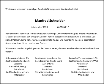 Traueranzeige von Manfred Schneider von Trauerportal Rhein Main Presse