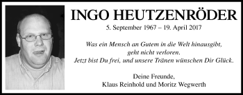 Traueranzeige von Ingo Heutzenröder von VRM Trauer