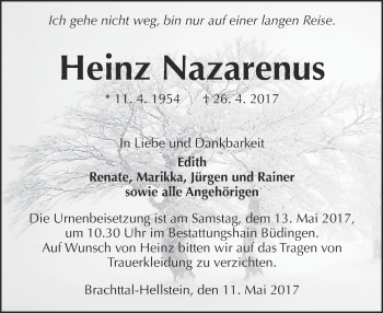 Traueranzeige von Heinz Nazarenus von  Kreisanzeiger