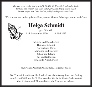Traueranzeige von Helga Schmidt von  Usinger Anzeiger Traueranzeige von Helga Schmidt von  Usinger Anzeiger