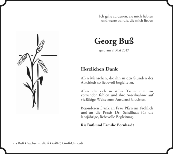 Traueranzeige von Georg Buß von Trauerportal Echo Online
