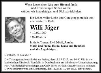 Traueranzeige von Willi Jäger von  Camberger Anzeiger