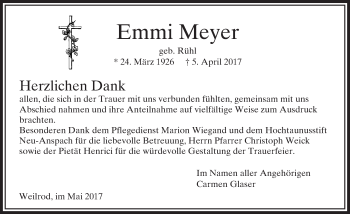 Traueranzeige von Emmi Meyer von  Usinger Anzeiger