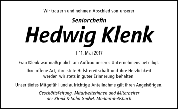 Traueranzeige von Hedwig Klenk von Trauerportal Echo Online