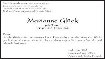 Traueranzeige von Marianne Glück von Trauerportal Rhein Main Presse