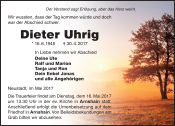 Traueranzeige von Dieter Uhrig von VRM Trauer