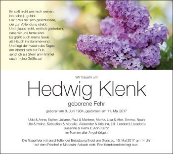 Traueranzeige von Hedwic Klenk von Trauerportal Echo Online