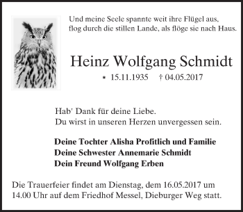 Traueranzeige von Heinz Wolfgang Schmidt von Trauerportal Echo Online