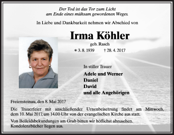 Traueranzeige von Irma Köhler von VRM Trauer