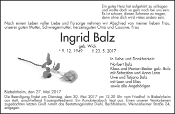 Traueranzeige von Ingrid Balz von Trauerportal Rhein Main Presse