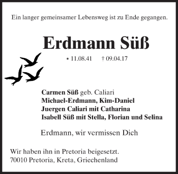 Traueranzeige von Erdmann Süß von Trauerportal Rhein Main Presse