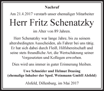 Traueranzeige von Fritz Schenatzky von VRM Trauer