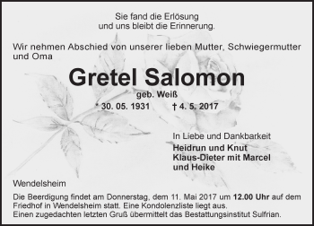 Traueranzeige von Gretel Salomon von Trauerportal Rhein Main Presse