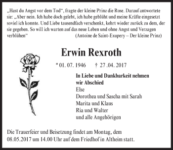 Traueranzeige von Erwin Rexroth von Trauerportal Echo Online