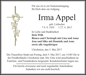 Traueranzeige von Irma Appel von VRM Trauer