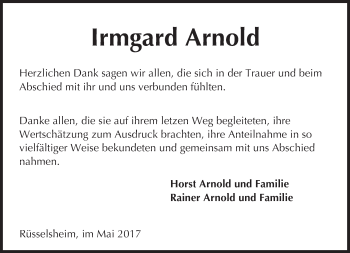 Traueranzeige von Irmgard Arnold von Trauerportal Rhein Main Presse