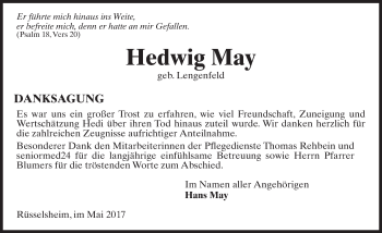Traueranzeige von Hedwig May von Trauerportal Rhein Main Presse
