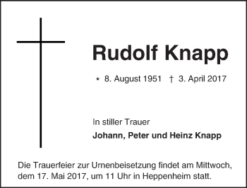 Traueranzeige von Rudolf Knapp von Trauerportal Echo Online