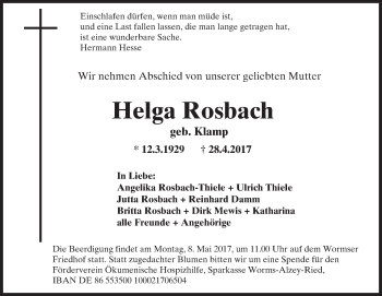 Traueranzeige von Helga Rosbach von Trauerportal Rhein Main Presse