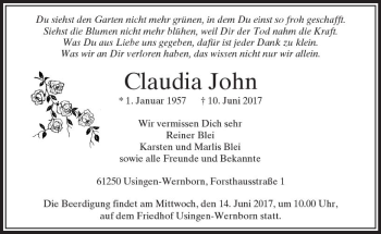 Traueranzeige von Claudia John von  Usinger Anzeiger