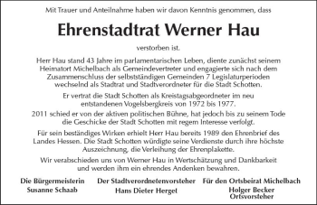 Traueranzeige von Werner Hau von  Kreisanzeiger