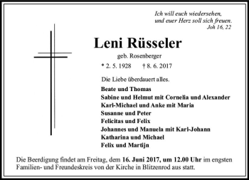Traueranzeige von Leni Rüsseler von VRM Trauer