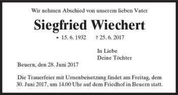 Traueranzeige von Siegfried Wiechert von  Gießener Anzeiger