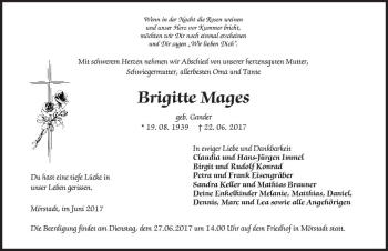 Traueranzeige von Brigitte Mages von Trauerportal Rhein Main Presse