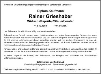 Traueranzeige von Rainer Grieshaber von Trauerportal Echo Online