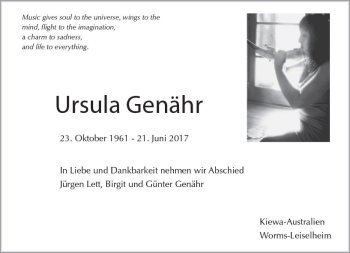 Traueranzeige von Ursula Genähr von Trauerportal Rhein Main Presse
