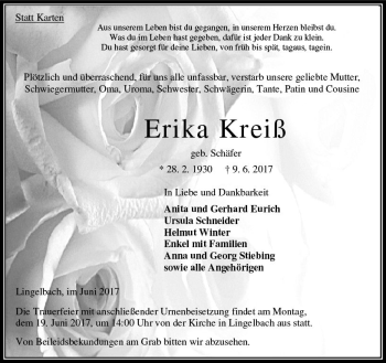Traueranzeige von Erika Kreiß von VRM Trauer