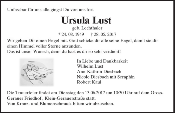 Traueranzeige von Ursula Lust von Trauerportal Echo Online
