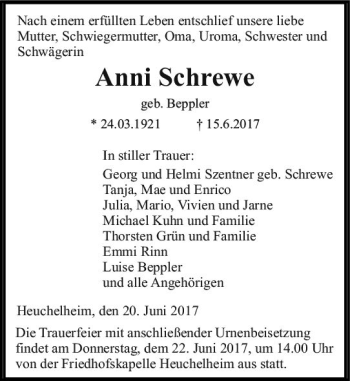 Traueranzeige von Anni Schrewe von  Gießener Anzeiger