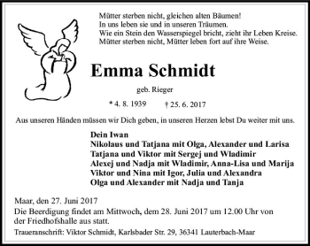 Traueranzeige von Emma Schmidt von VRM Trauer