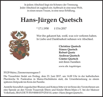 Traueranzeige von Hans-Jürgen Quetsch von Trauerportal Rhein Main Presse