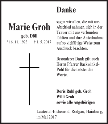 Traueranzeige von Marie Groh von VRM Trauer