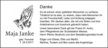 Traueranzeige von Maja Janke von Trauerportal Echo Online