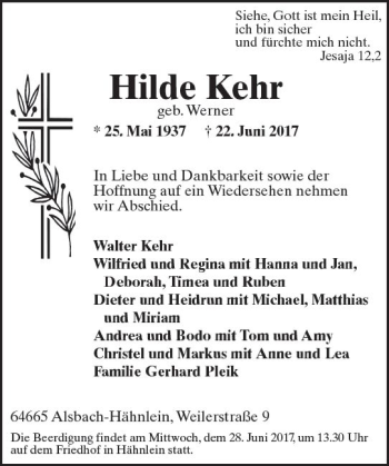 Traueranzeige von Hilde Kehr von Trauerportal Echo Online
