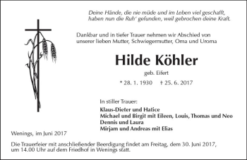 Traueranzeige von Hilde Köhler von  Kreisanzeiger