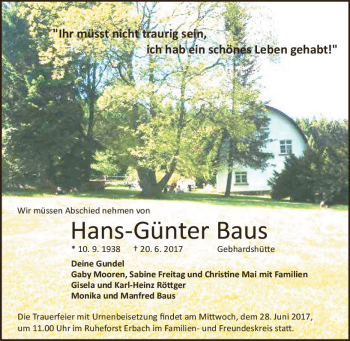 Traueranzeige von Hans-Günter Baus von Trauerportal Echo Online