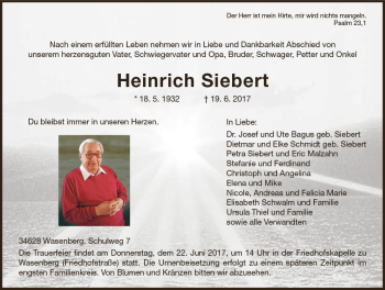 Traueranzeige von Heinrich Siebert von VRM Trauer