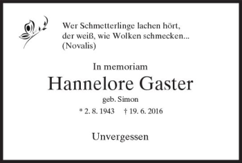 Traueranzeige von Hannelore Gaster von Trauerportal Rhein Main Presse